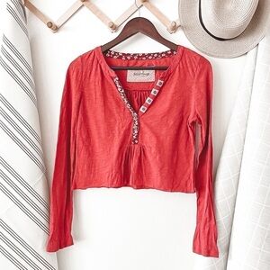 Anthropologie Red Cropped Henley Long Sleeve